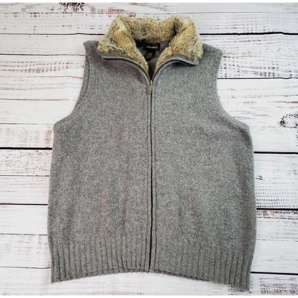 Eddie Bauer Sweater Vest Women XL Gray Faux Fur Trim Zip Wool Alpaca Blend Cabin - Picture 1 of 14